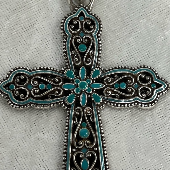 Brighton Southwest Inspired Teal Blue Enamel Oversized Cross Pendant Necklace! - Picture 3 of 10